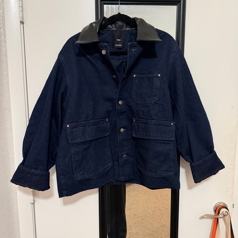 Mango Women's Navy Jean Barn Jacket with Faux Leather Collar